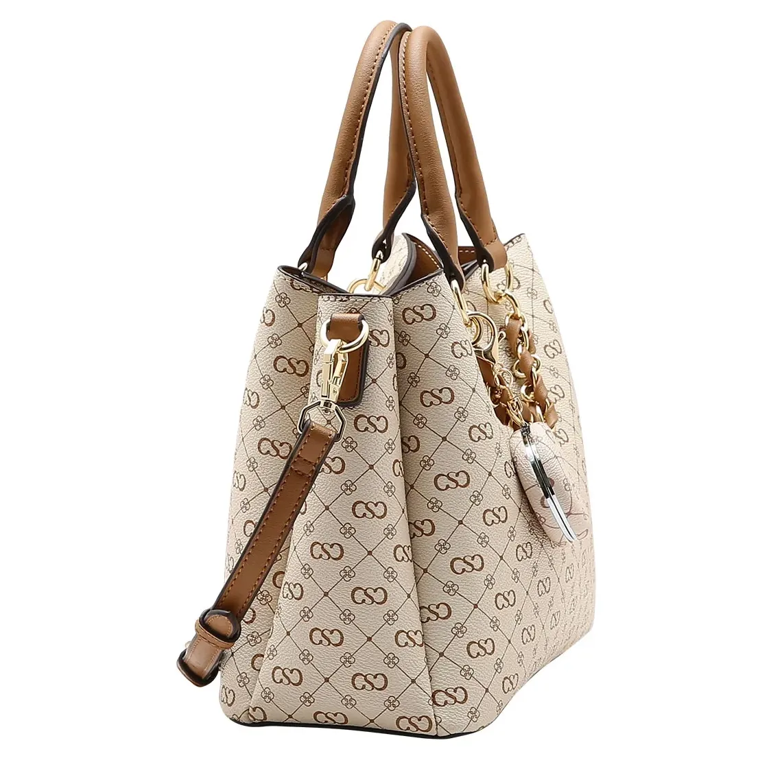 Bolsa feminina Chenson Mão Monograma Elegance na cor bege com estampa monograma marrom e detalhes em metal dourado